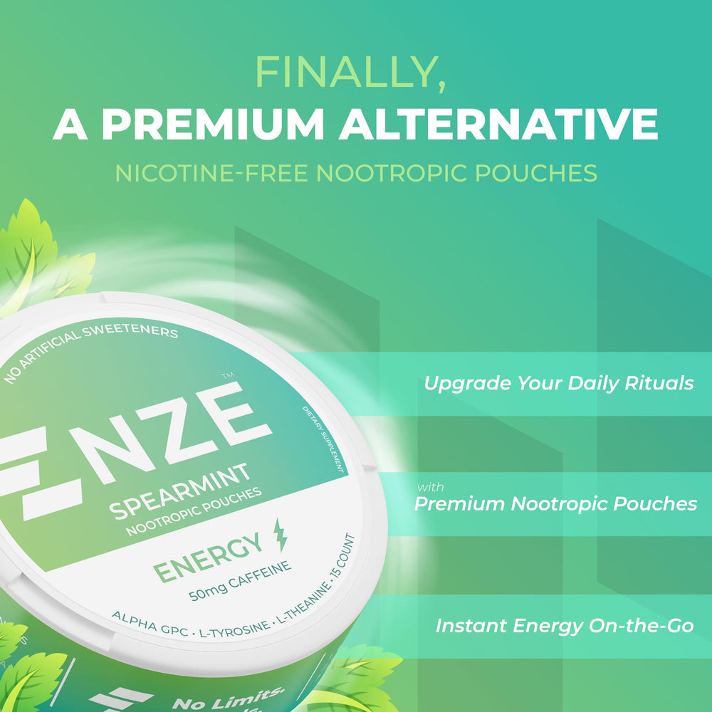 NZE spearmint pouch label highlighting Alpha GPC and L-Theanine for mental clarity.