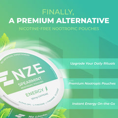 NZE spearmint pouch label highlighting Alpha GPC and L-Theanine for mental clarity.