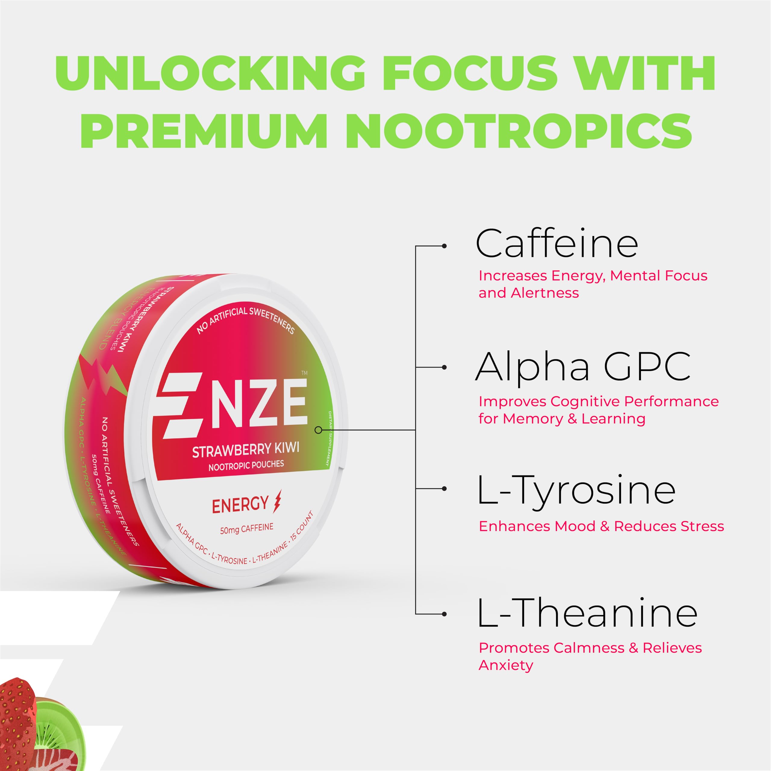 Ingredient panel highlights Alpha GPC, L-Tyrosine, L-Theanine and caffeine.