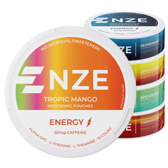 NZE Caffeine Nootropic Pouches variety pack can for on-the-go energy.