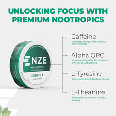 NZE ingredients label highlight Alpha GPC and L-Theanine, premium nootropics.