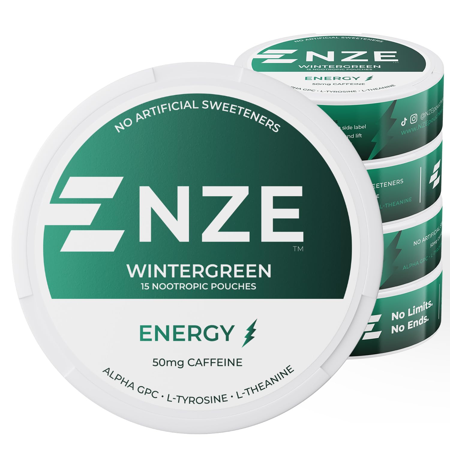 NZE Caffeine Nootropic Wintergreen pouch opened, delivering quick energy and focus on the go.