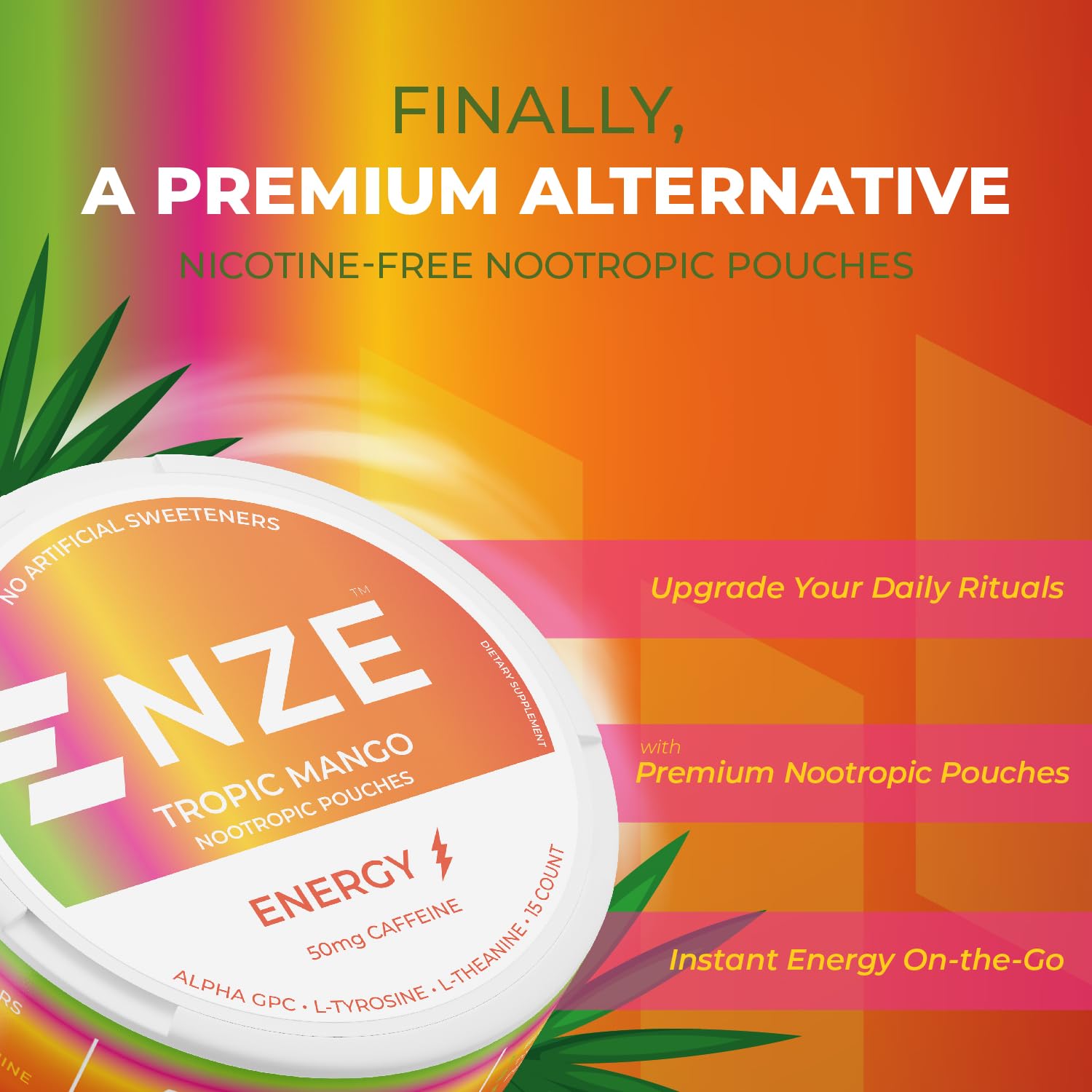Front can shot of NZE caffeine pouches, 50 mg per serving.