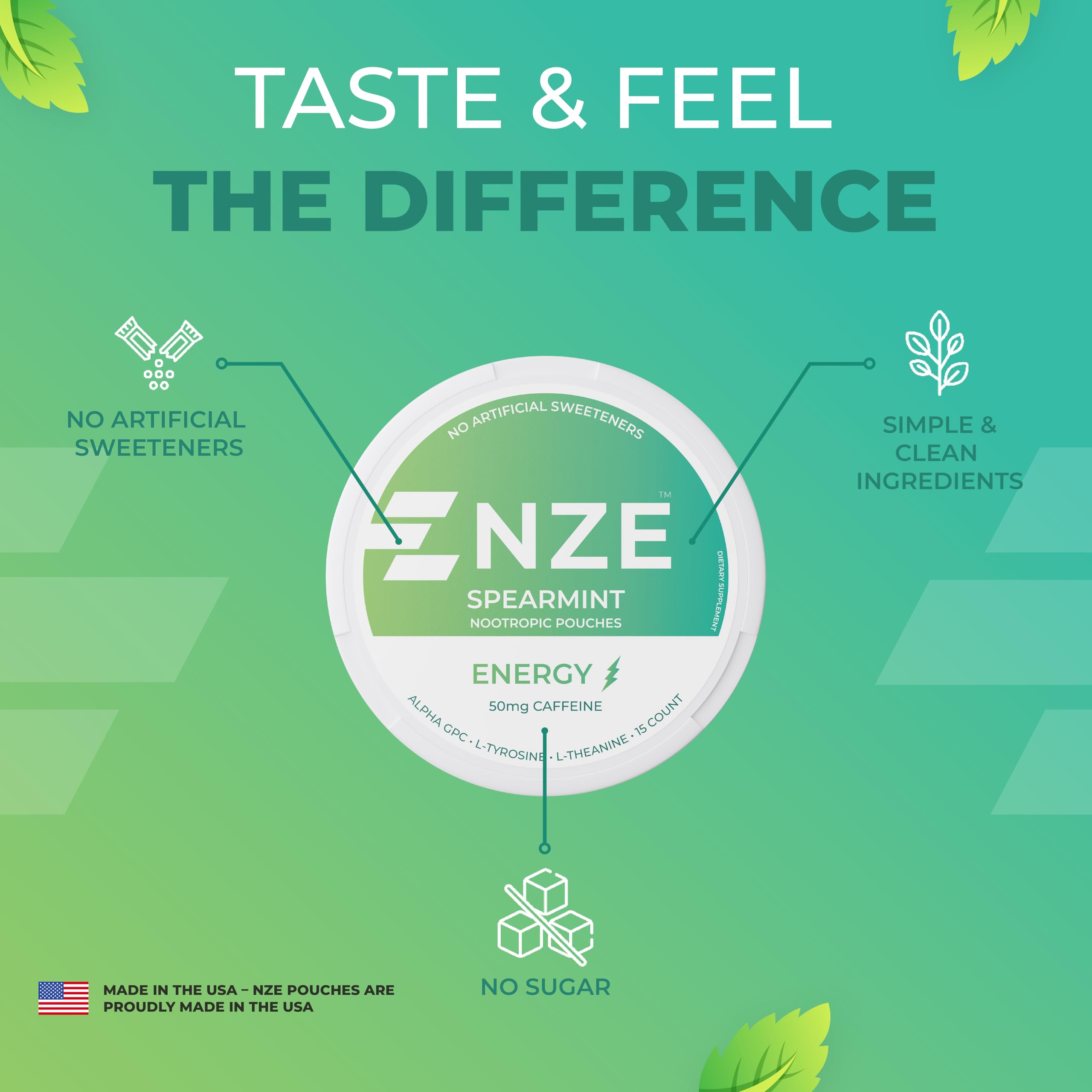 NZE can and pack show 15 pouches per can and a five-pack option.