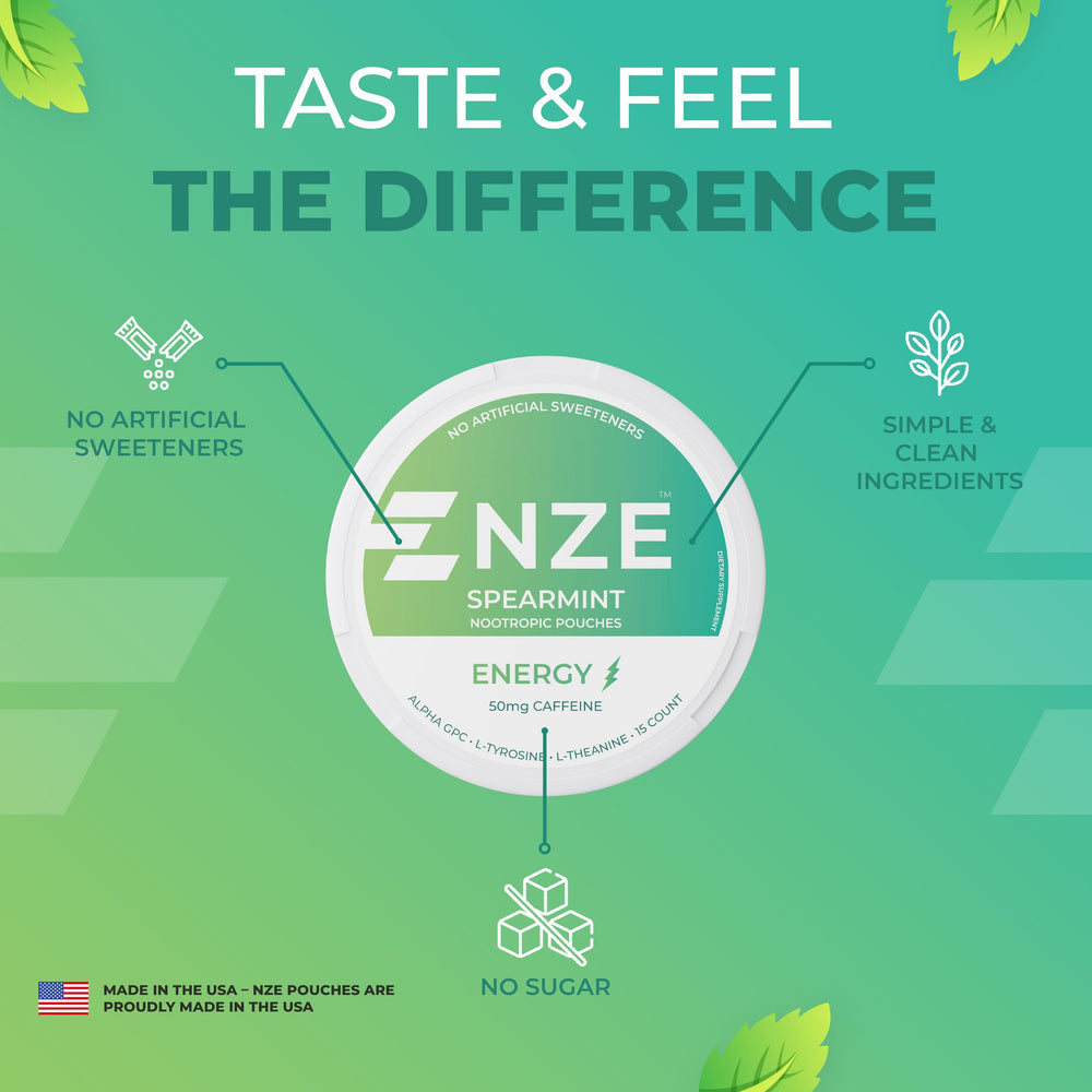 NZE can and pack show 15 pouches per can and a five-pack option.