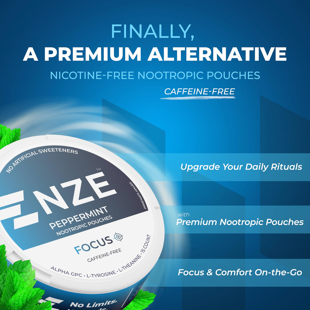 NZE peppermint nootropic pouch back view showing clean ingredients.