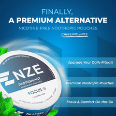 NZE peppermint nootropic pouch back view showing clean ingredients.