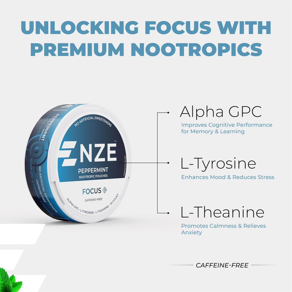 NZE peppermint nootropic pouch blister pack close-up with no artificial sweeteners.
