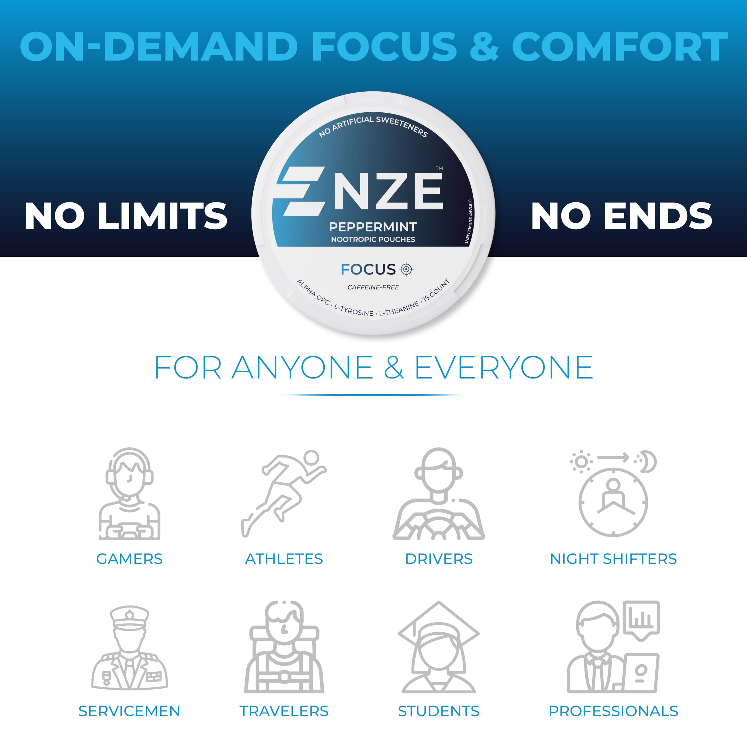 NZE peppermint nootropic pouch dispensing view emphasizing rapid oral absorption potential.