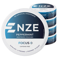 NZE peppermint nootropic pouch front view for caffeine-free focus on the go.
