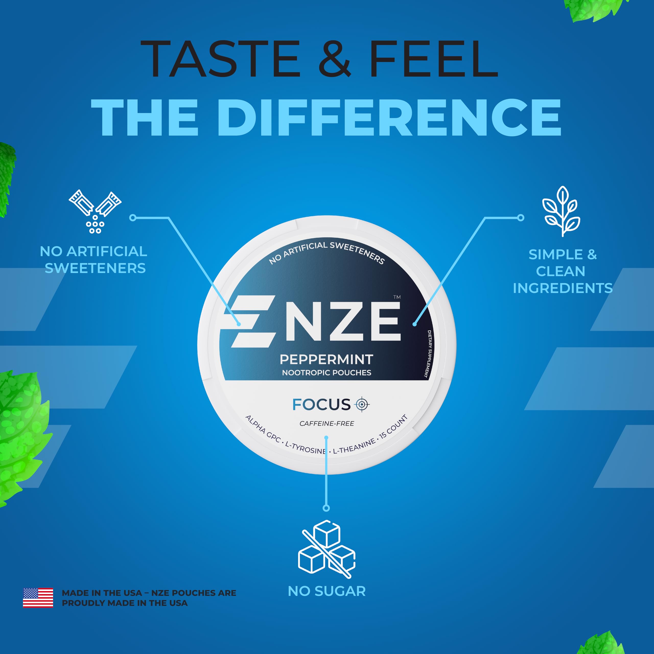 NZE peppermint nootropic pouch held in hand for desk use and quick access.