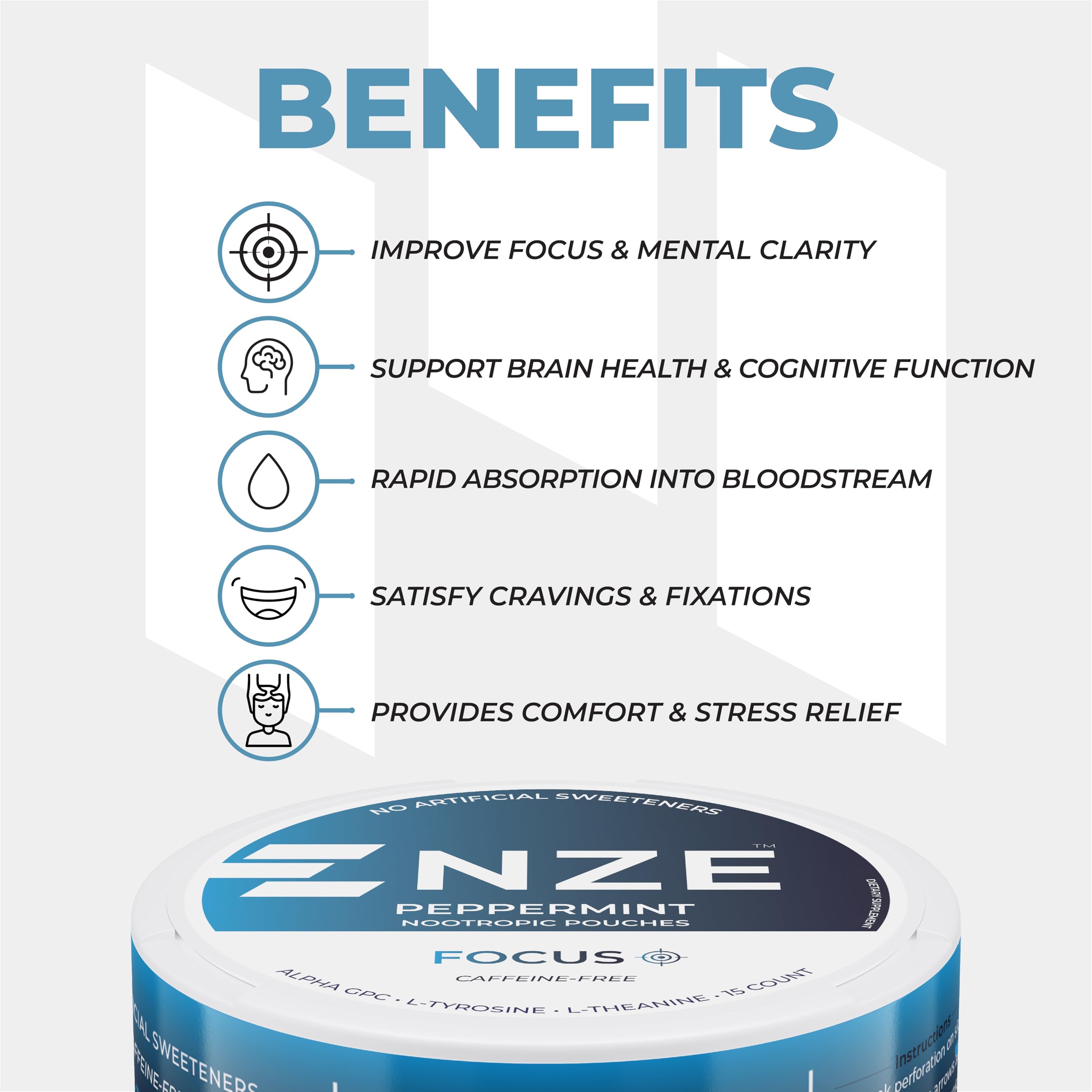 NZE peppermint nootropic pouch close-up of ingredients: L-Theanine, Alpha GPC, L-Tyrosine.