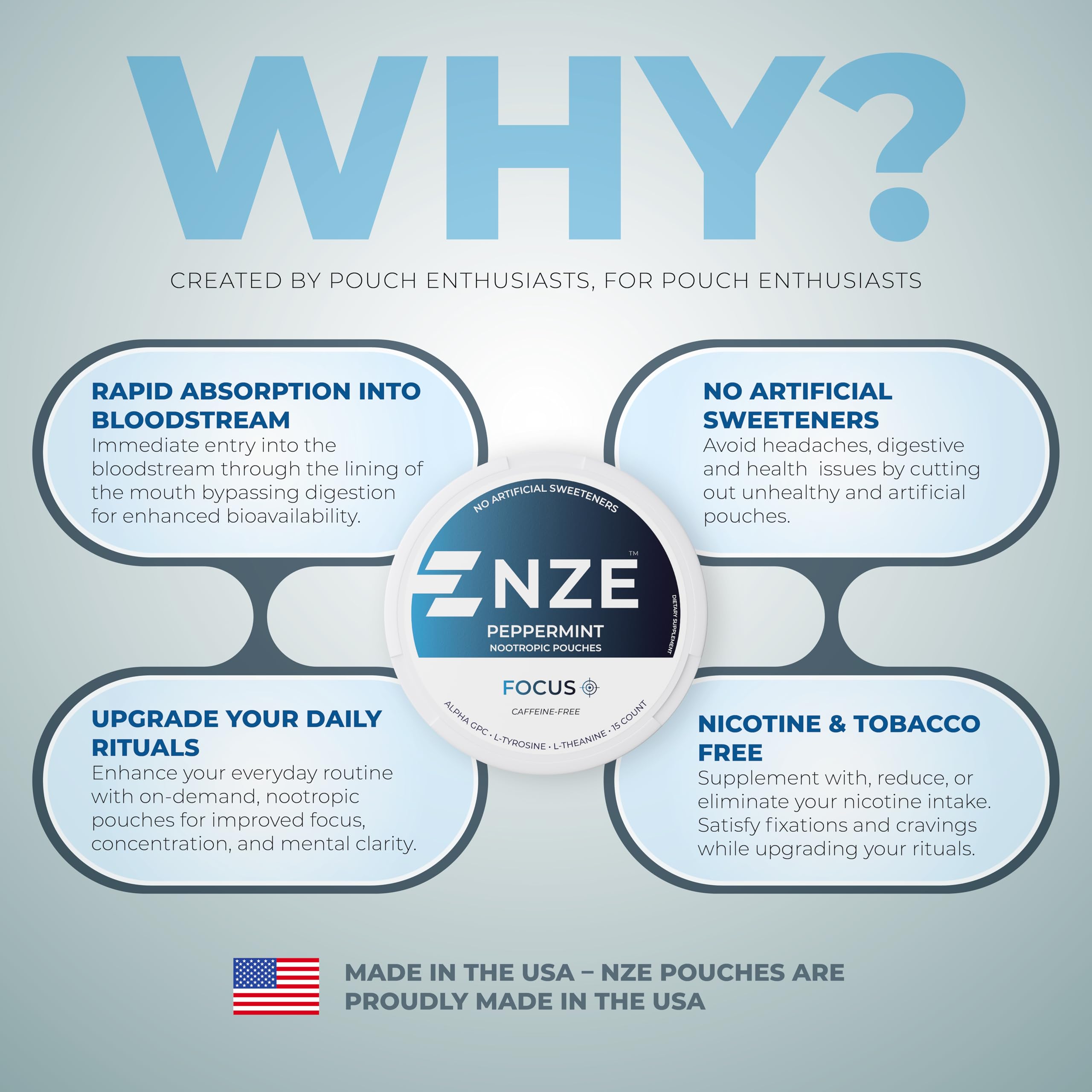 NZE peppermint nootropic pouch in use during work for improved focus and clarity.