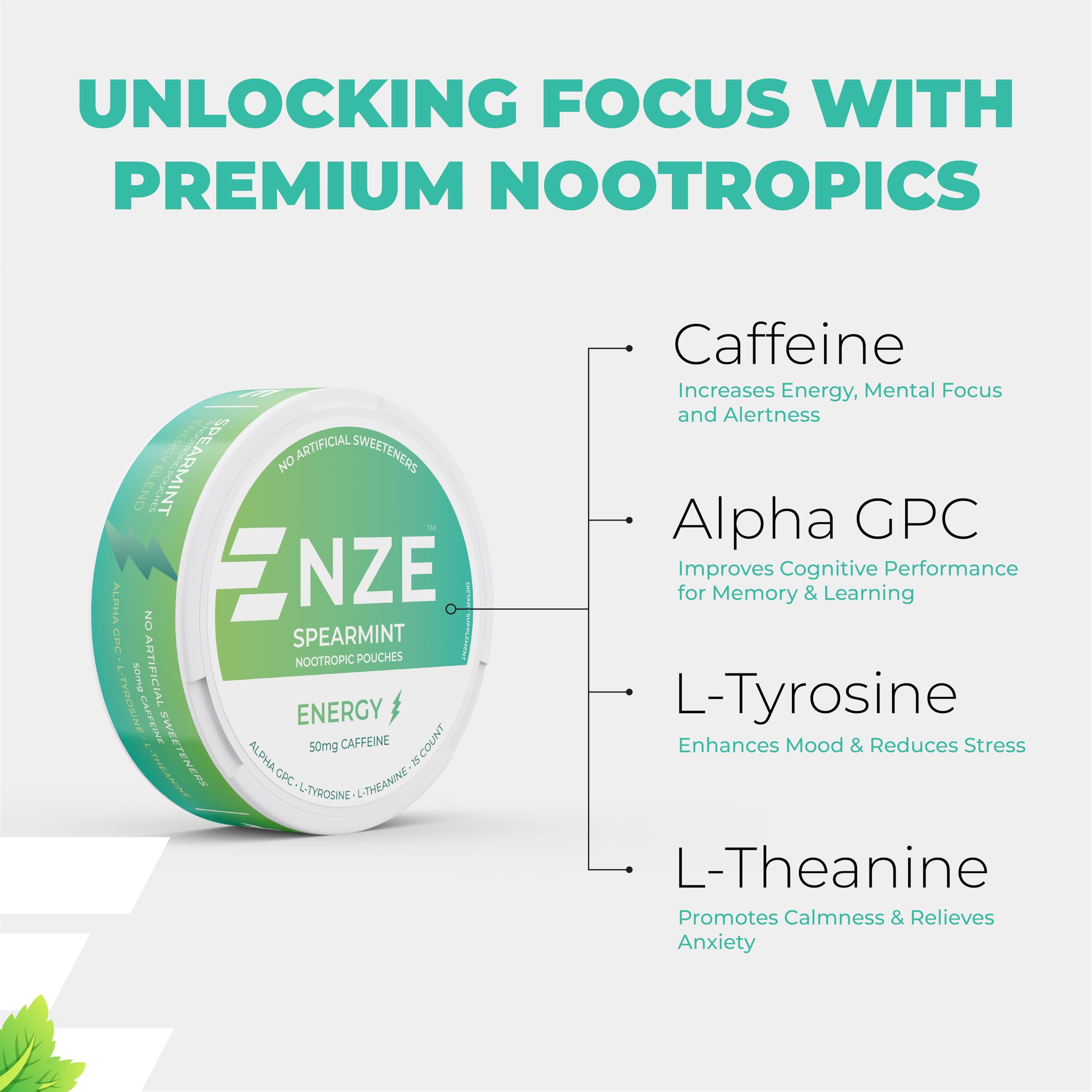 NZE pouch ingredients list highlights Alpha GPC and L-Tyrosine for focus.