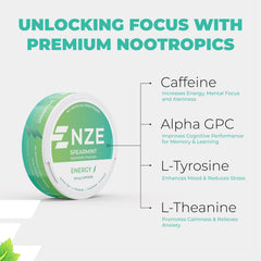 NZE pouch ingredients list highlights Alpha GPC and L-Tyrosine for focus.