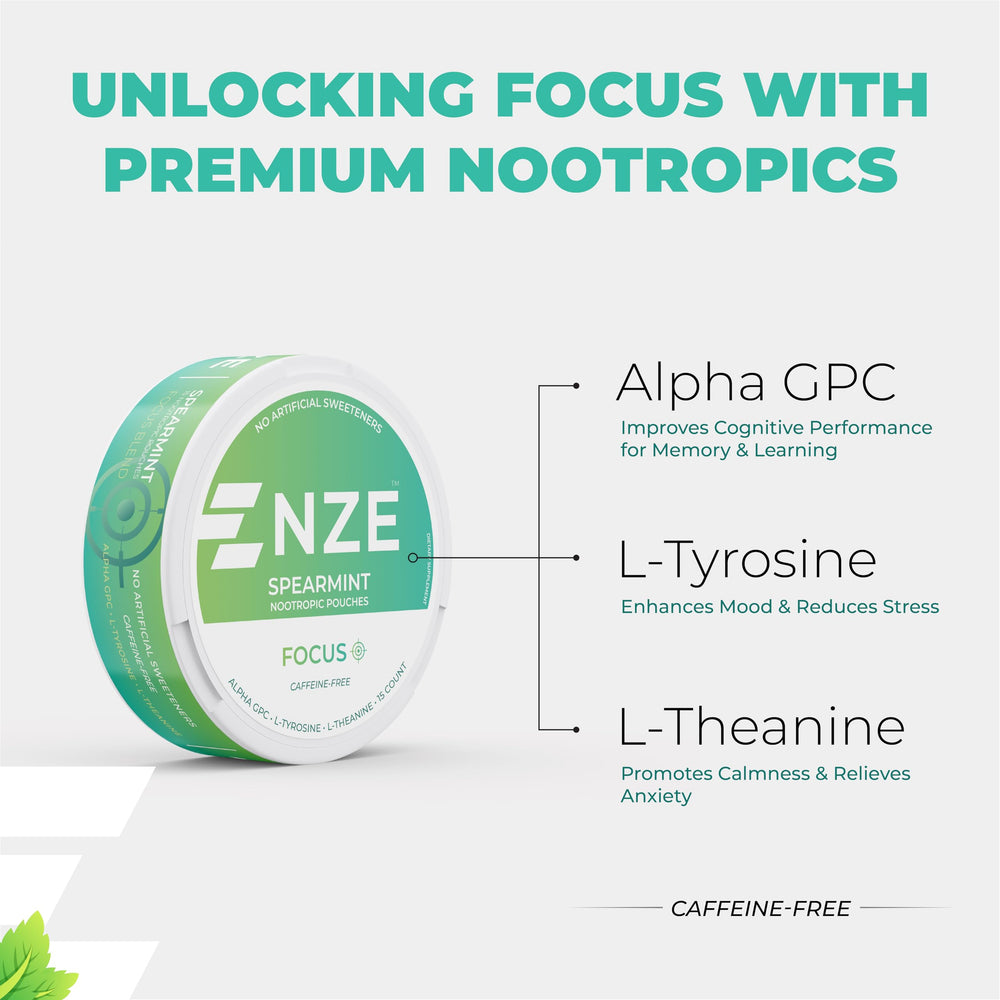 Fresh spearmint leaf beside NZE pouch hinting at natural flavor.
