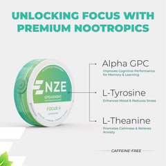Fresh spearmint leaf beside NZE pouch hinting at natural flavor.