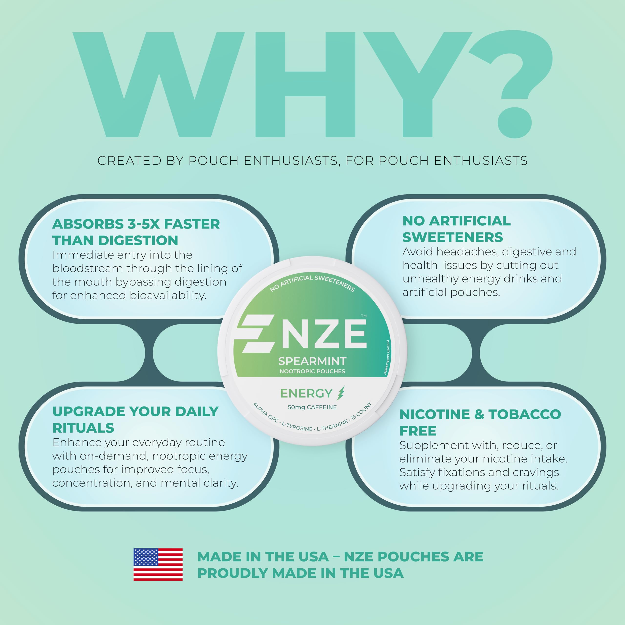 NZE USA-made badge on packaging emphasizes quality and care.