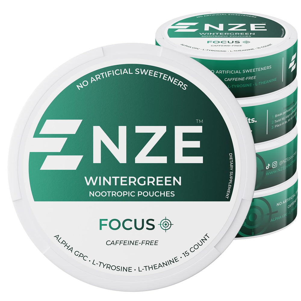NZE Wintergreen nootropic pouch front view for caffeine-free focus.