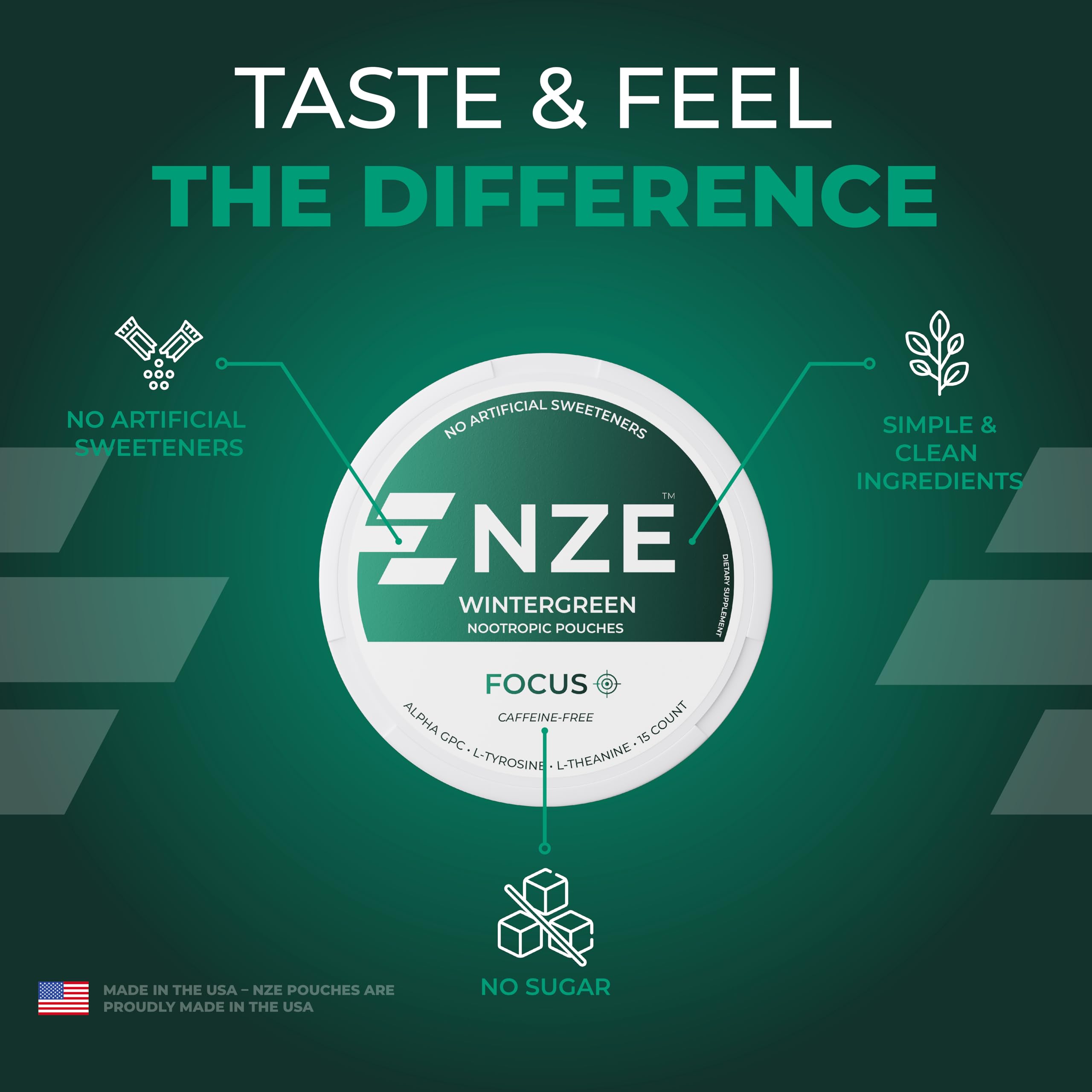 NZE Wintergreen pouch texture close-up conveys premium feel.