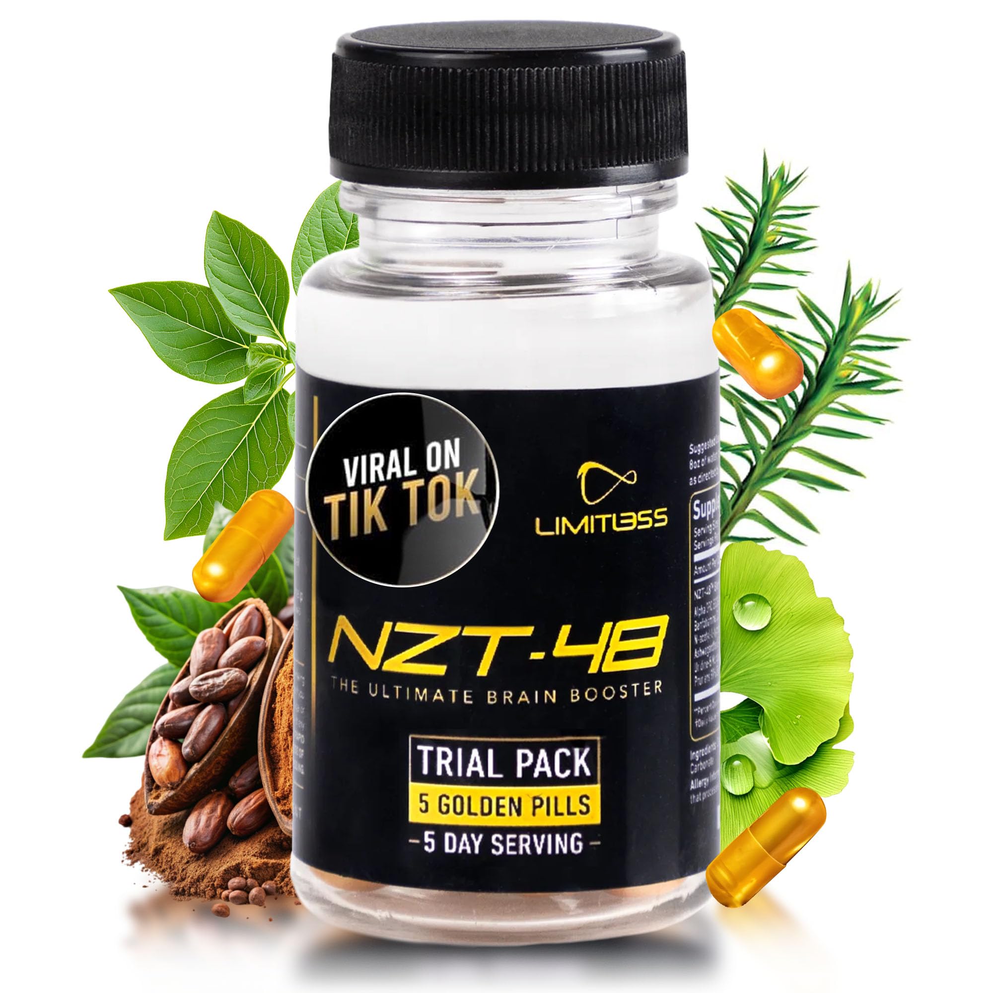 NZT-48 bottle front showing a premium brain booster for focus support