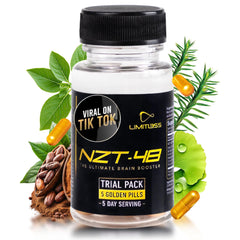 NZT-48 bottle front showing a premium brain booster for focus support