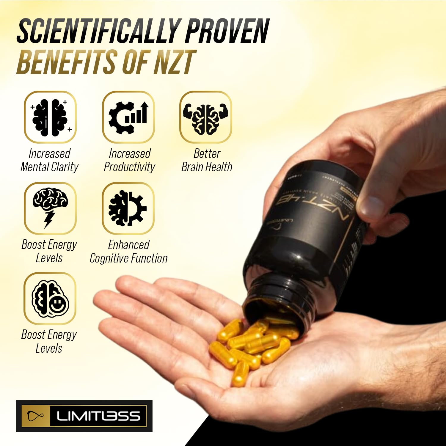 NZT-48 capsules closeup, easy-to-take daily support for focus.