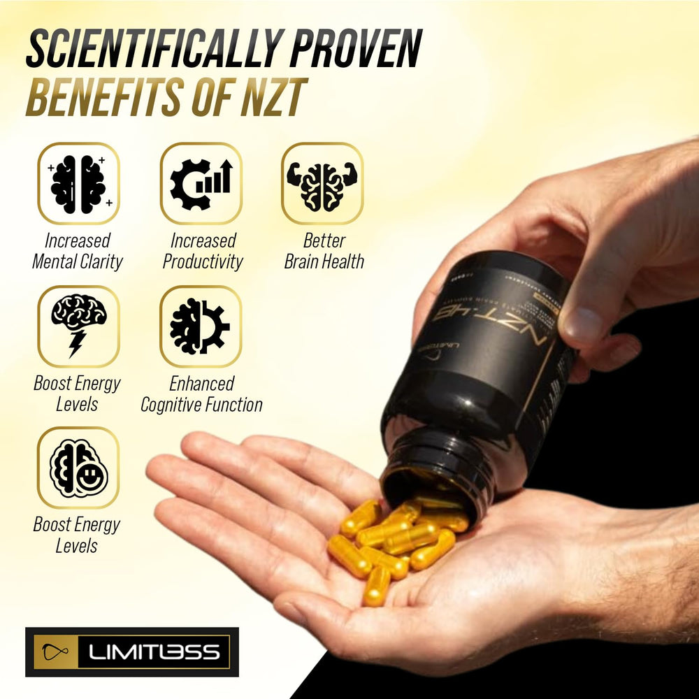 NZT-48 capsules closeup, easy-to-take daily support for focus.