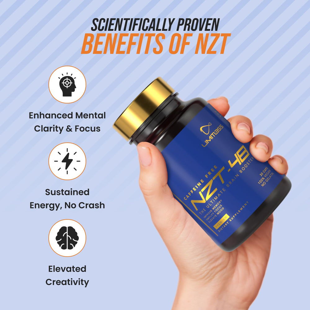 NZT-48 capsules poured from bottle for a smooth caffeine-free energy boost.