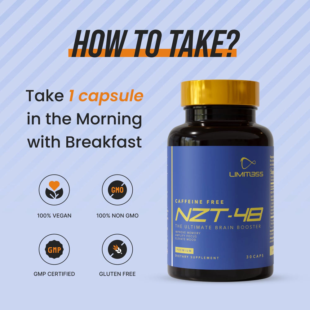 NZT-48 bottle close-up showing capsules for focused, stimulant-free use.