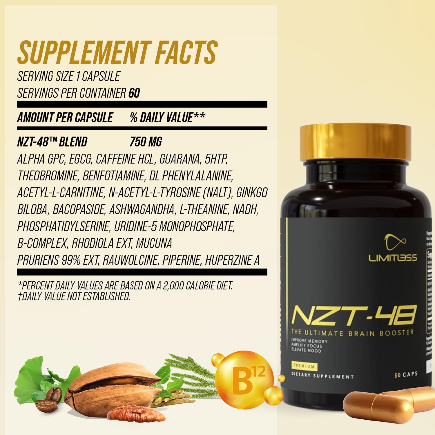 NZT-48 ingredient list visual, highlights Ashwagandha and vitamins.