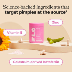 O Positiv FLO Acne ingredients label highlighting lactoferrin and zinc