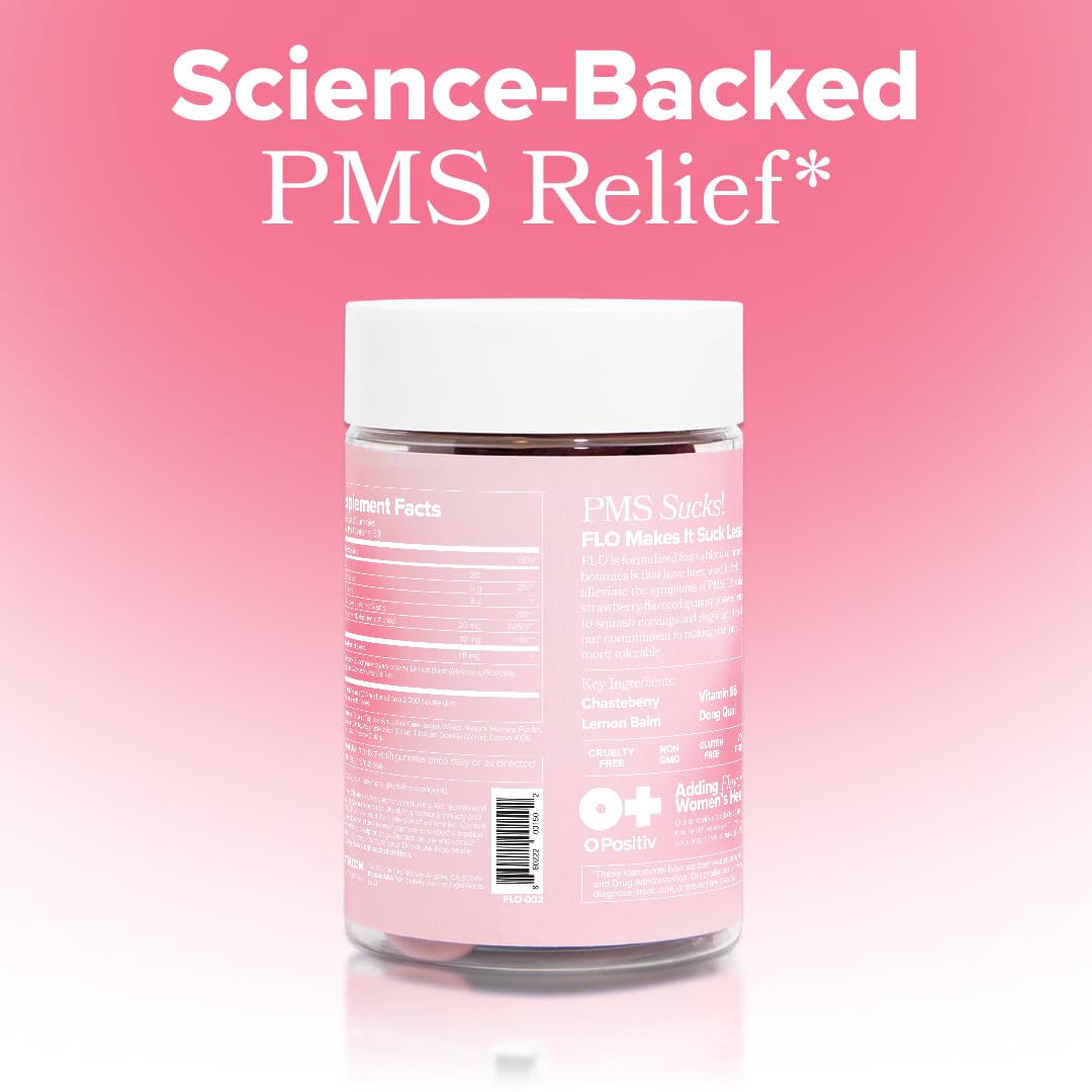 Packaging of FLO PMS Gummies on a shelf ready to purchase