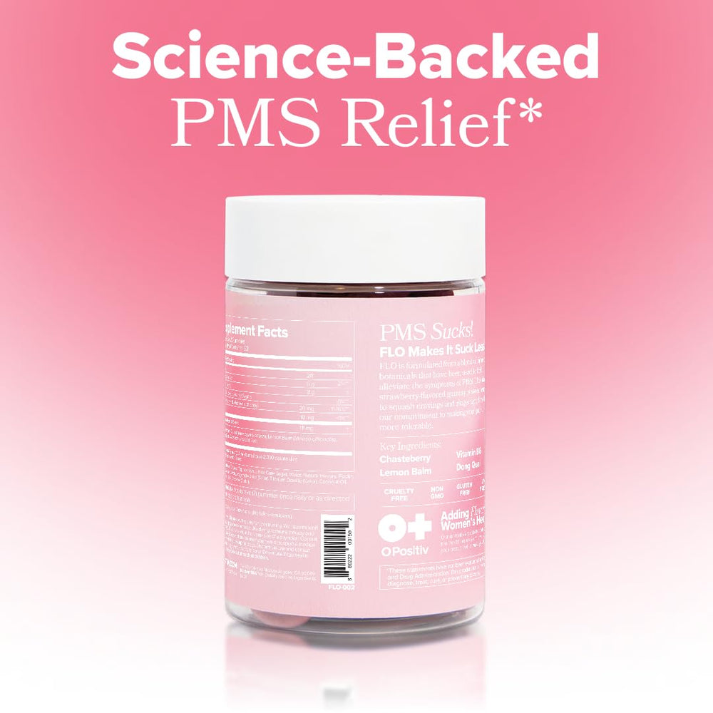 Packaging of FLO PMS Gummies on a shelf ready to purchase