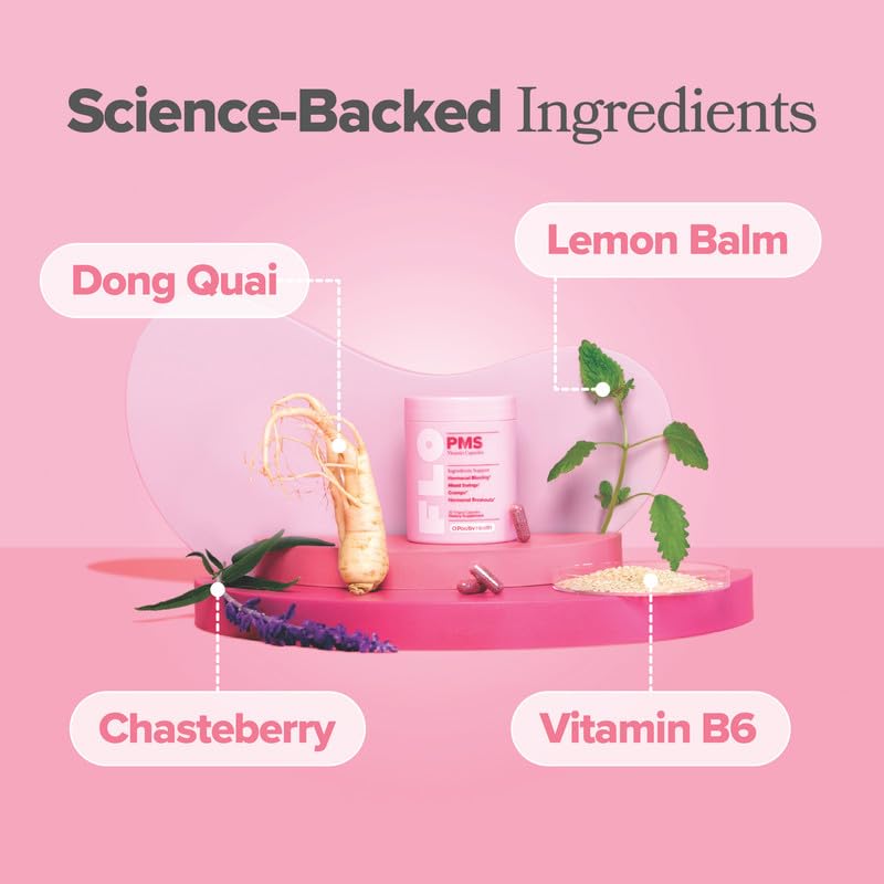 FLO PMS label highlights chasteberry and vitamin B6 for hormonal balance.