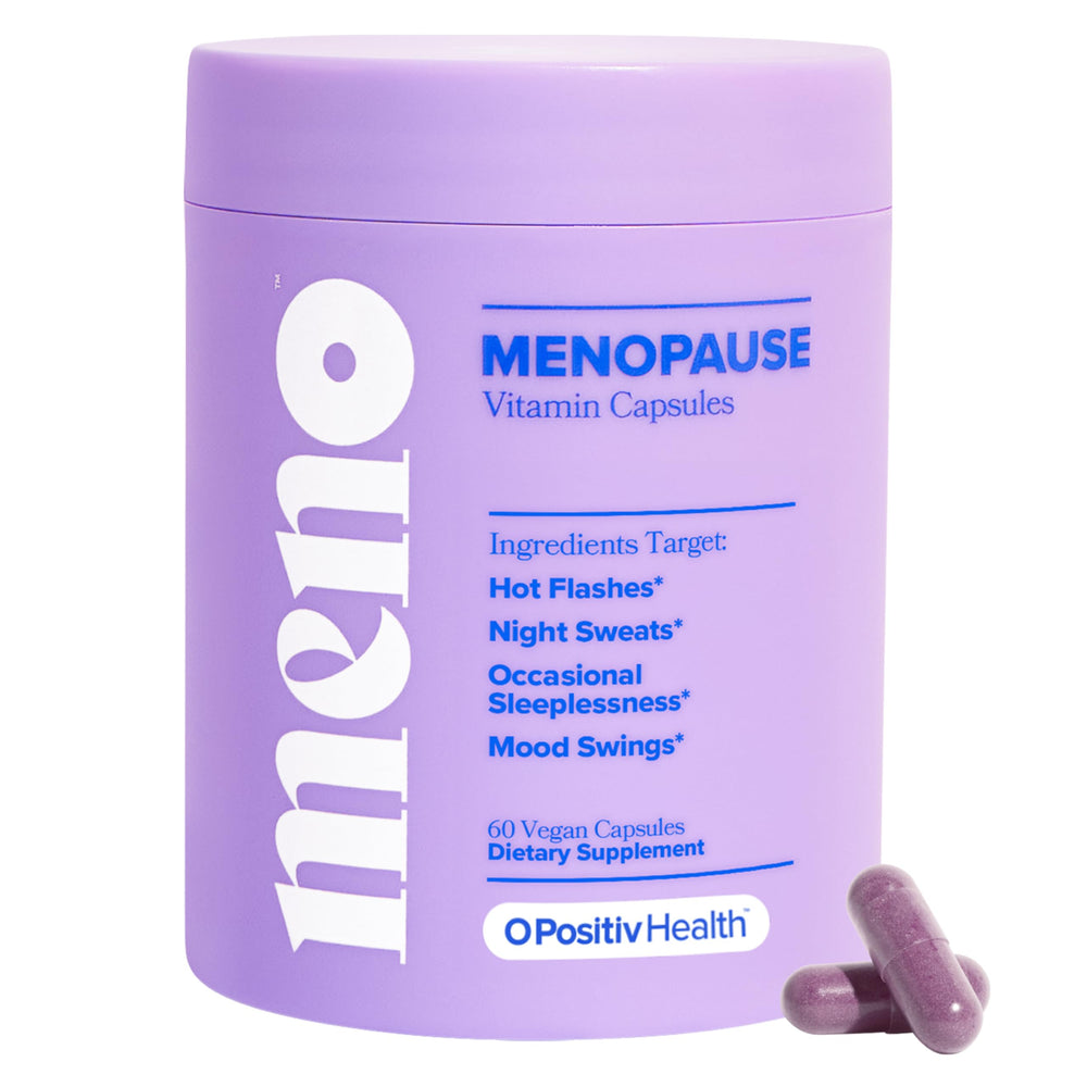 O Positiv MENO bottle front showing hormone-free menopause support for hot flashes.