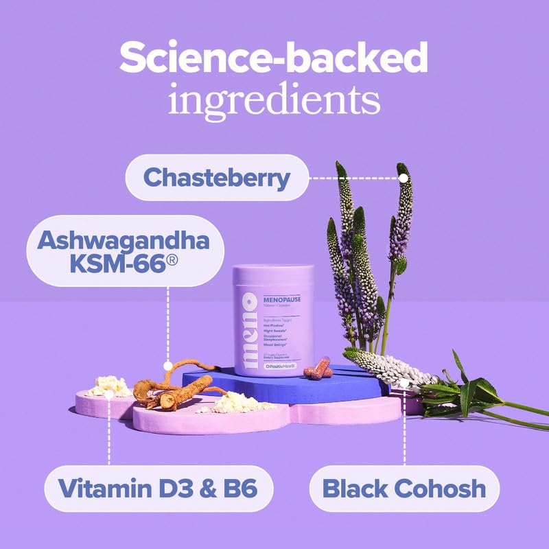 O Positiv MENO packaging highlights Black Cohosh and Ashwagandha ingredients.