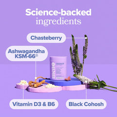 O Positiv MENO packaging highlights Black Cohosh and Ashwagandha ingredients.