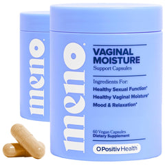 O Positiv MENO bottle front label showing moisture support in a hormone-free formula