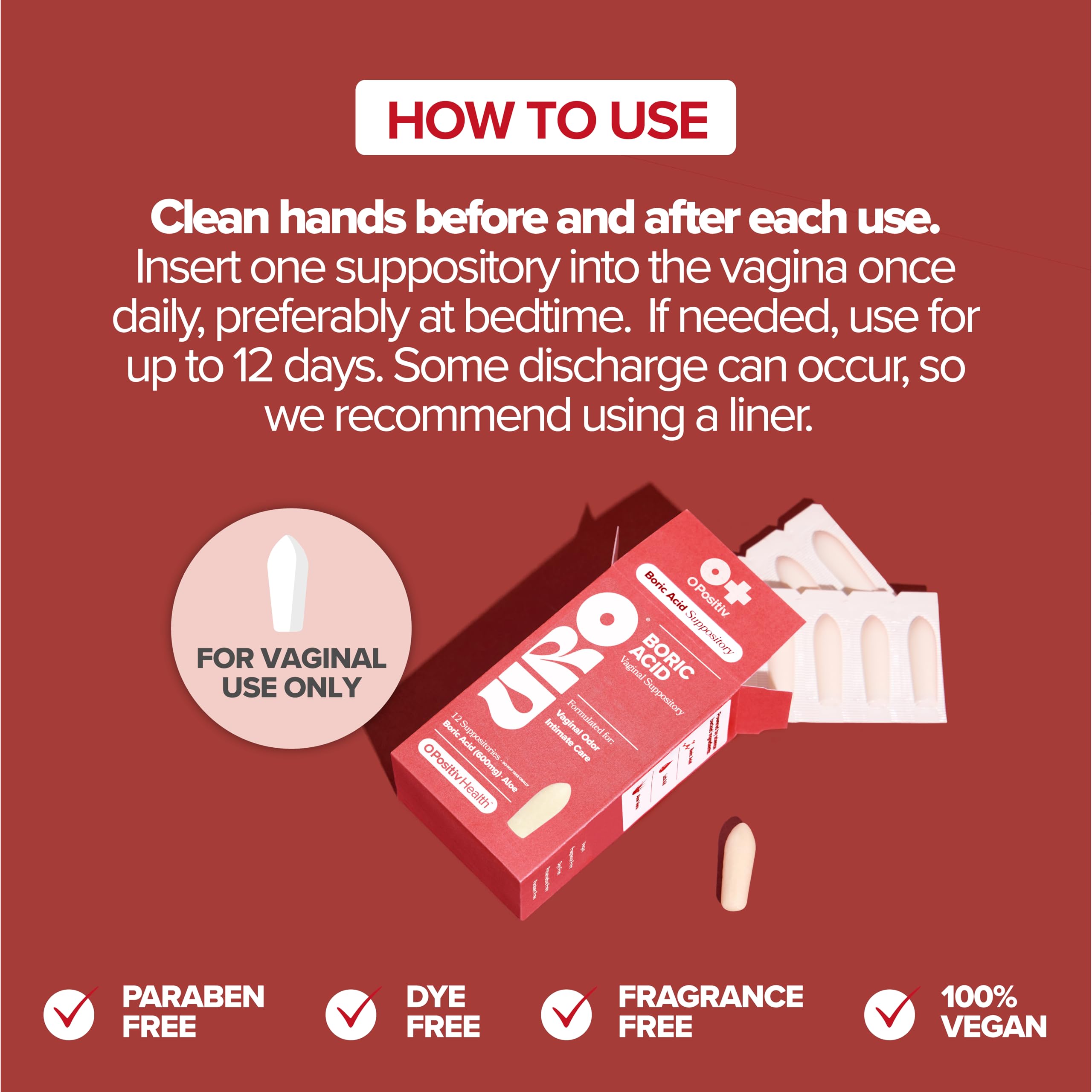 O Positiv URO boric acid vaginal suppository vegan formula supports clean ingredients.