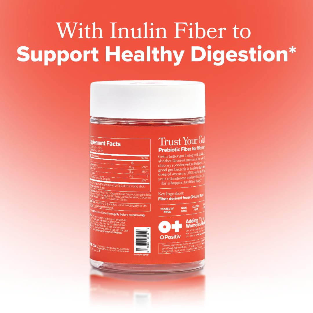 O Positiv URO Fiber Gummies label shows prebiotic fiber
