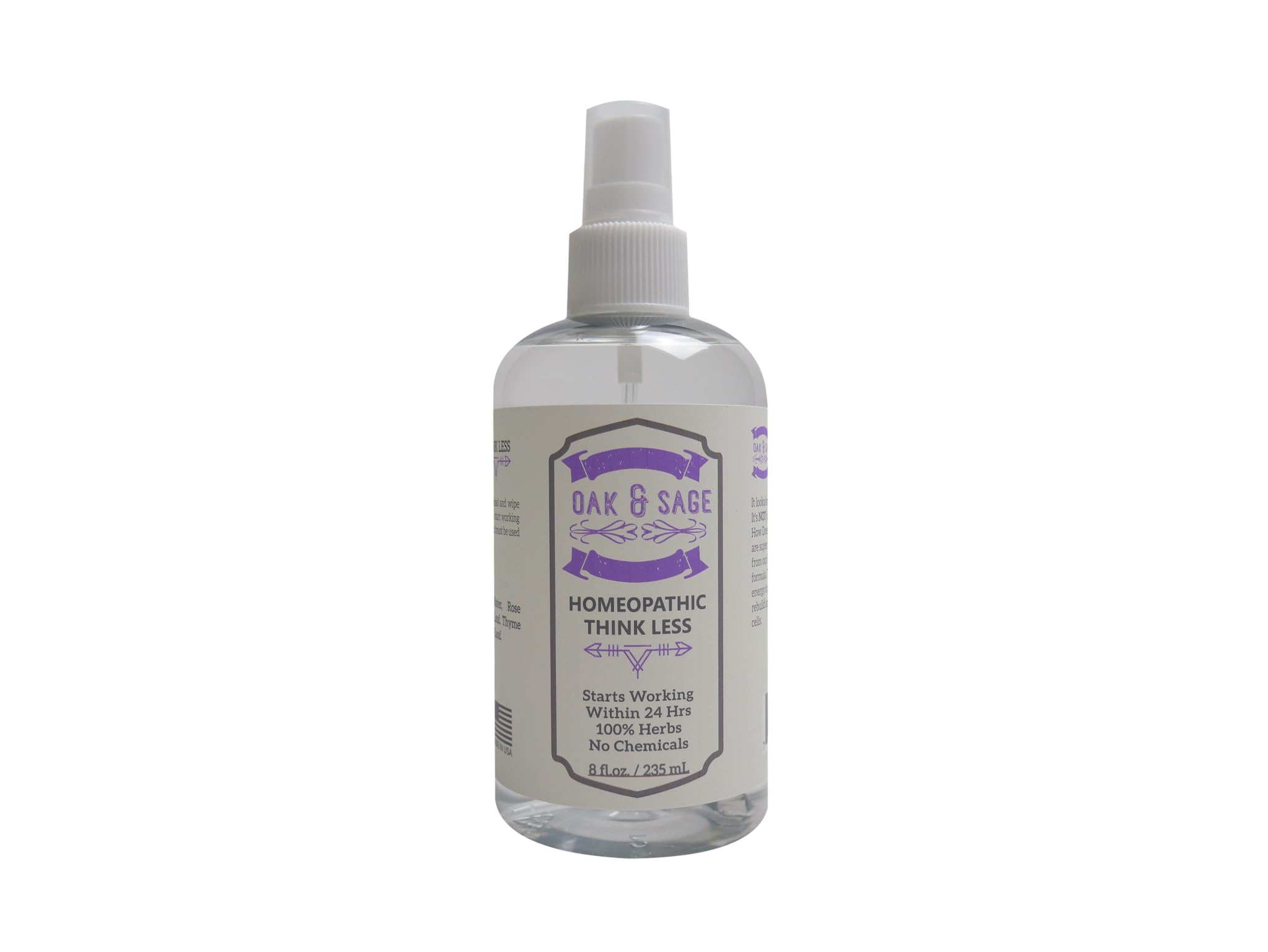 OAK & SAGE Think Less unscented bottle close-up showing pure herb formula for calm focus.