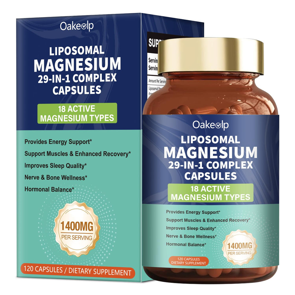 Oakevlp 29-in-1 liposomal magnesium bottle closeup for convenient daily magnesium support.