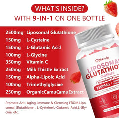 Oakevlp glutathione gummies ingredients panel featuring vitamin C and milk thistle antioxidants.