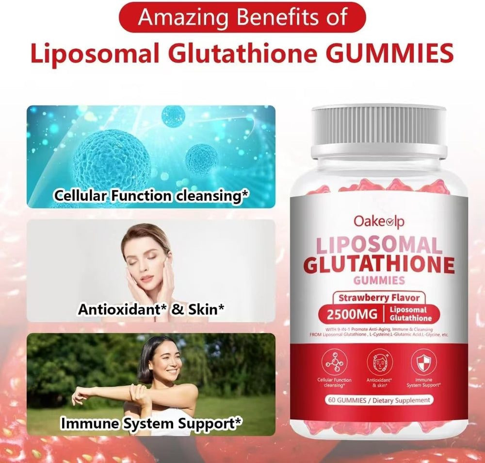 Oakevlp glutathione gummies vitamin C label emphasizing immune support.