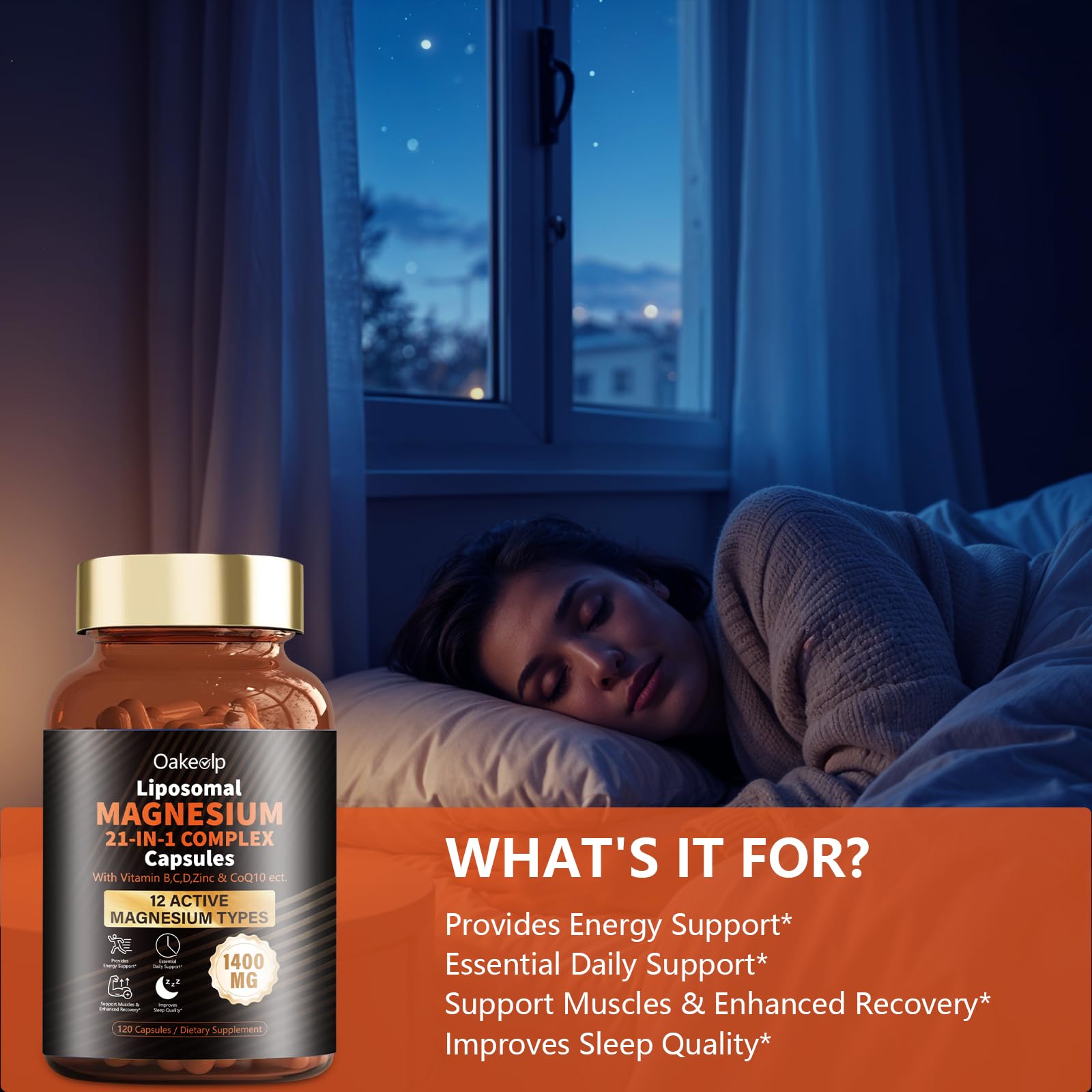 Lifestyle scene showing a relaxed evening routine with magnesium complex before bed.
