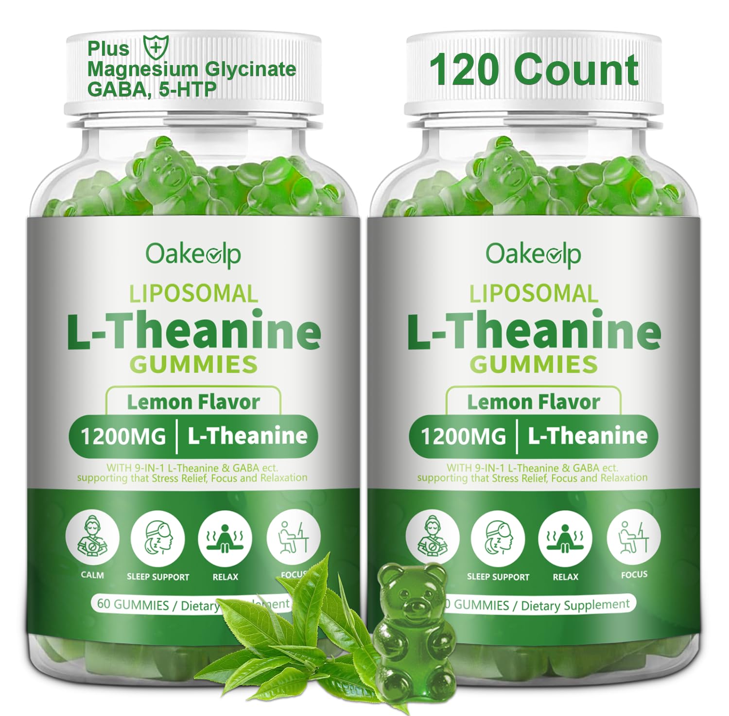 Oakevlp liposomal L-Theanine 1200mg gummies jar for easy daily relaxation.