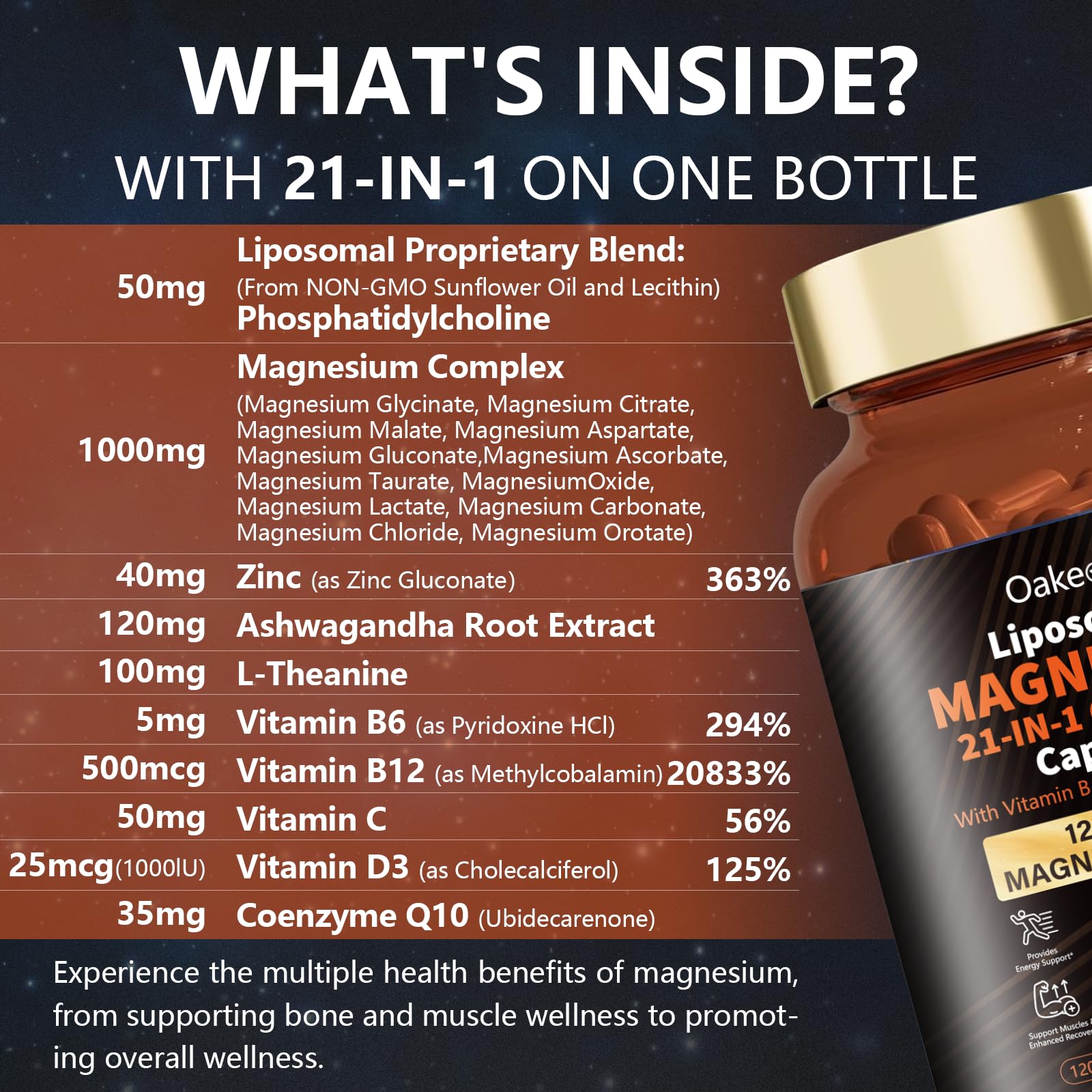 Oakevlp capsules in close-up highlight the 12 magnesium forms for absorption.