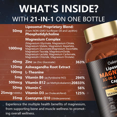 Oakevlp capsules in close-up highlight the 12 magnesium forms for absorption.