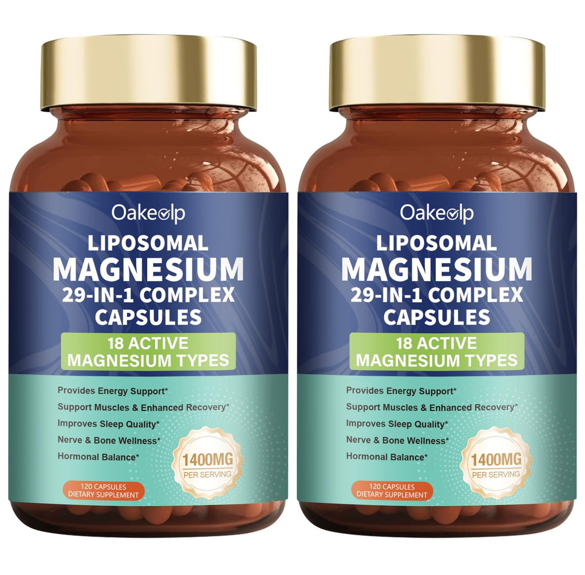 Oakevlp liposomal magnesium bottle front view showcases 29-in-1 complex.